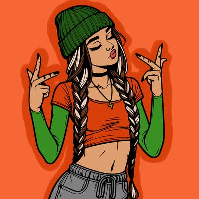 realistic teenage girl with braids and a beanie and crop top doing 🫶🏼