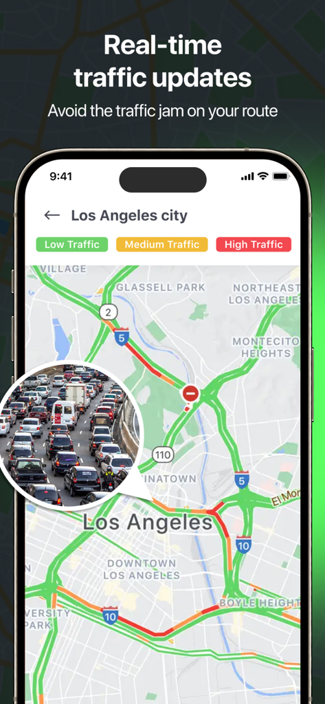 GPS navigation app interface showing real time traffic updates for Los Angeles