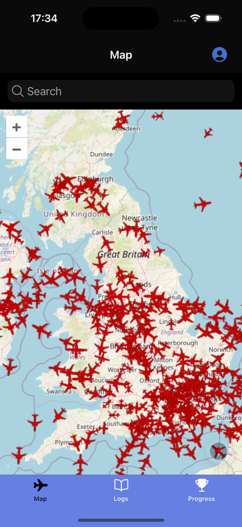 Fleetlog - Mapa de rastreamento de aeronaves em tempo real da Grã-Bretanha no aplicativo Fleetlog mostrando múltiplos ícones de avião.