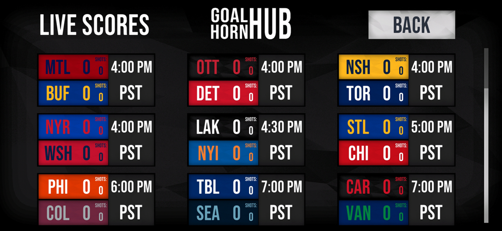 Goal Horn Hub - Live hockey scores dashboard in the Goal Horn Hub app featuring various NHL team matchups and game times.
