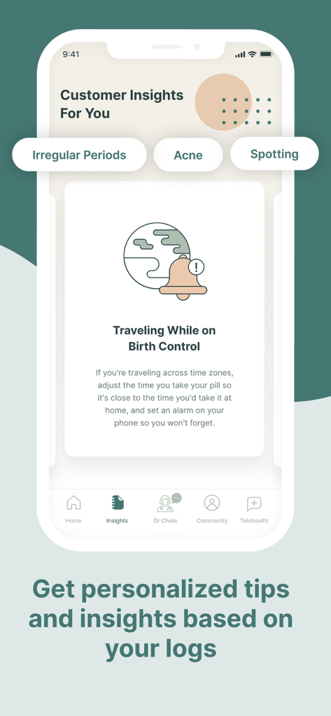 Ease: Birth Control Reminder - Ease app interface displaying personalized health insights and travel tips for birth control users