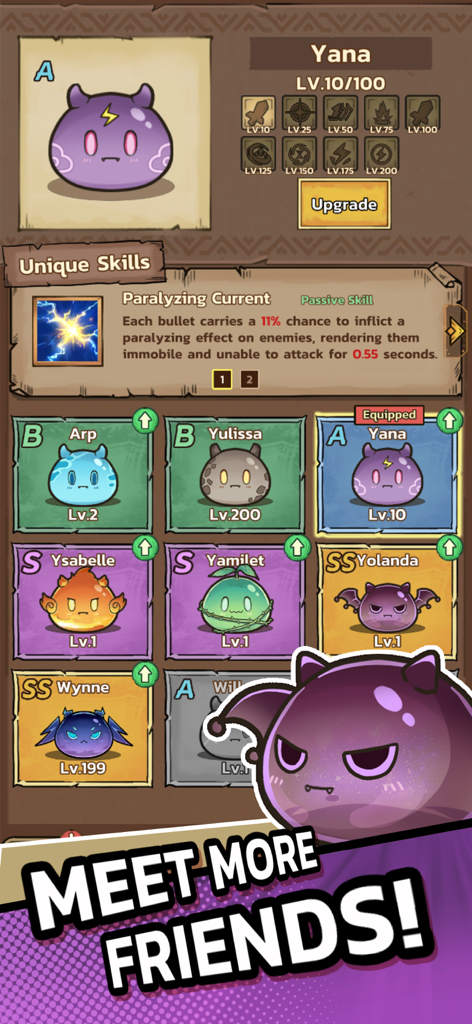Slime Castle: Idle TD RTS Game - Character selection screen in Slime Castle showing various slime heroes with unique skills and upgrade levels.