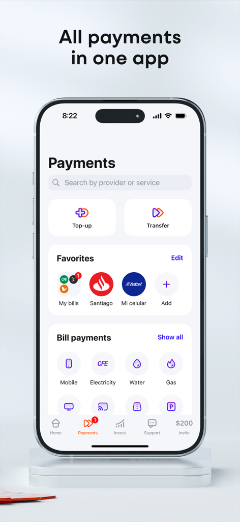 Plata Card mobile app screen for bill payments and money transfers