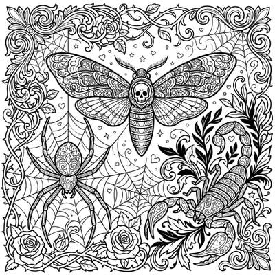 Dive into a captivating world of mystery and elegance with this intricate Gothic insects and arachnids coloring page. Featuring a detailed death's-head moth, a spider on its web, and a majestic scorpion, all adorned with beautiful baroque and floral patterns.