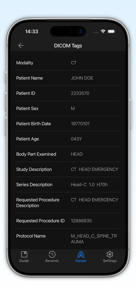 DICOM Studio Go - DICOM Studio Go app screen showing medical metadata tags for a head CT scan including patient information
