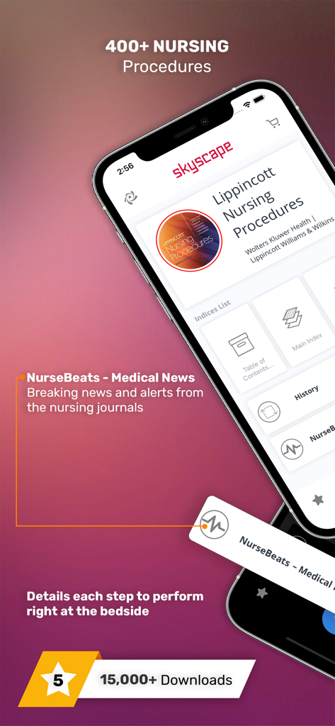 Smartphone screen displaying the Lippincott Nursing Procedures app homepage with features for clinical guides and medical news.