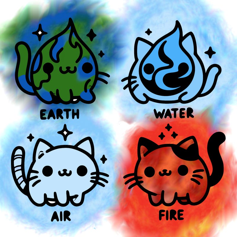 4 cats that represent the different elements, earth, water, air, and fire