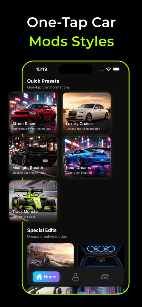 AI Car Modifications - CarMod - Captura de pantalla de la aplicación AI Car Modifications mostrando varios ajustes preestablecidos de estilo de un solo toque como Street Racer y Neon Dreams