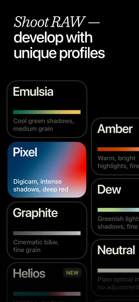Lampa — Digital & Film Camera - A list of film and digital camera profiles in the Lampa app for RAW photo development