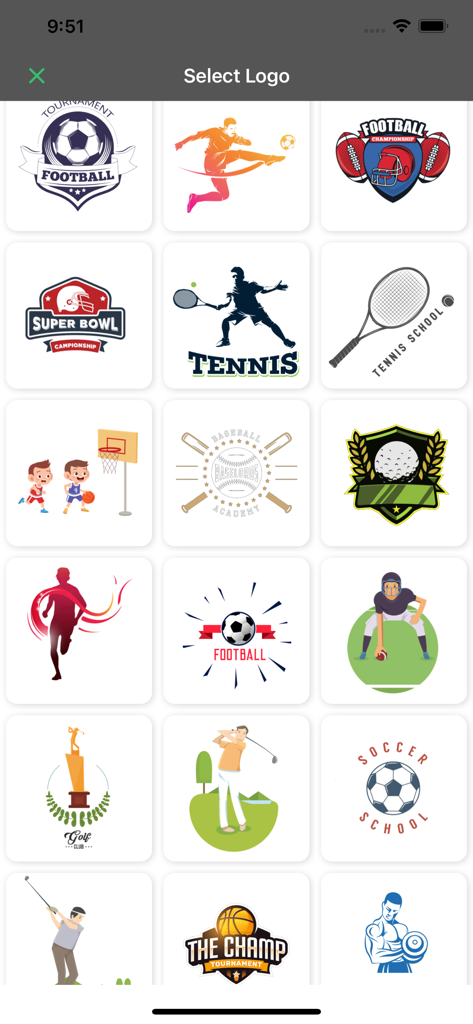 Uma exibição em grade de vários modelos de logos esportivos, incluindo futebol, tênis e golfe