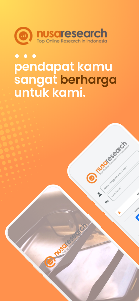 Nusaresearch - Nusaresearch mobile survey app interface showing branding and login screens on an orange background
