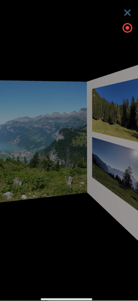 Un portal de realidad aumentada que muestra fotos de paisajes en una galería virtual 3D