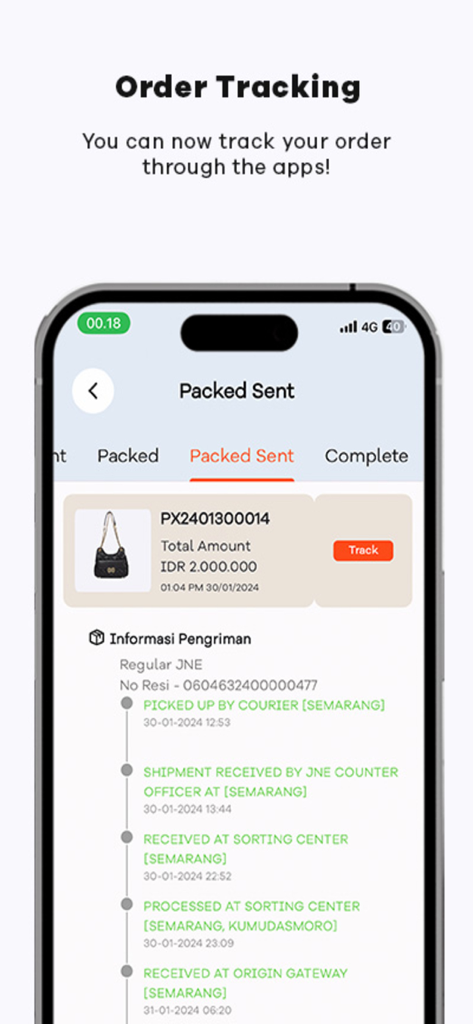 Everbest - A mobile phone screen displaying the order tracking feature of the Everbest fashion app, showing real-time delivery status for a handbag purchase.