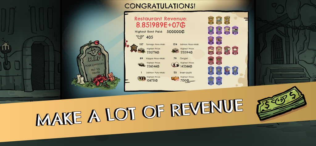 Goblin Sushi - Goblin Sushi game summary screen showing high restaurant revenue and a comical tombstone for the landlord.
