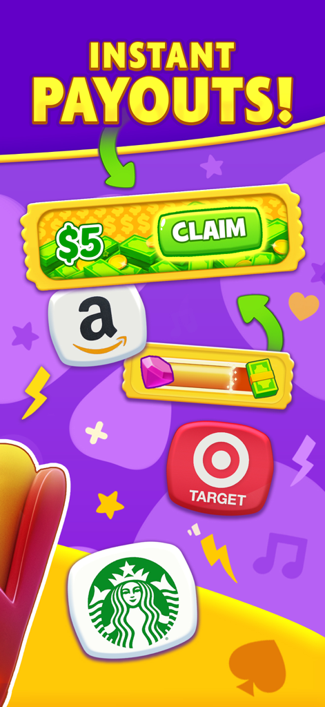 Win Money Solitaire - Win Money Solitaire app screen showing instant payouts and gift card rewards for Amazon Target and Starbucks
