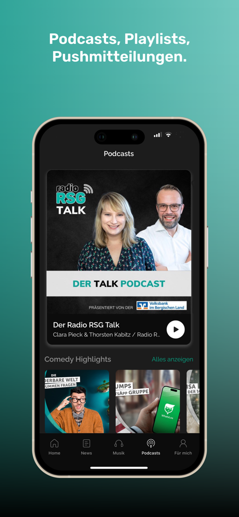 Radio RSG - Radio RSG app podcast screen showing the Der Talk Podcast and comedy highlights
