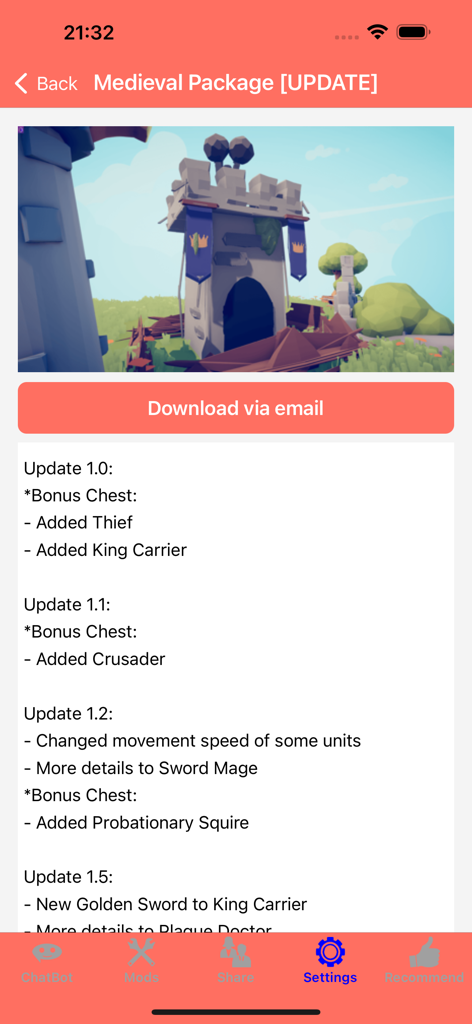 Medieval Package update details in the TABS mod showcase app screen