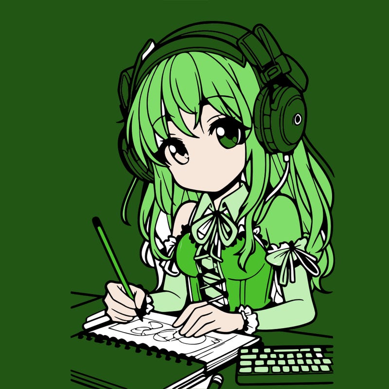 manga girl wearing headphones and drawing in sketchbook
