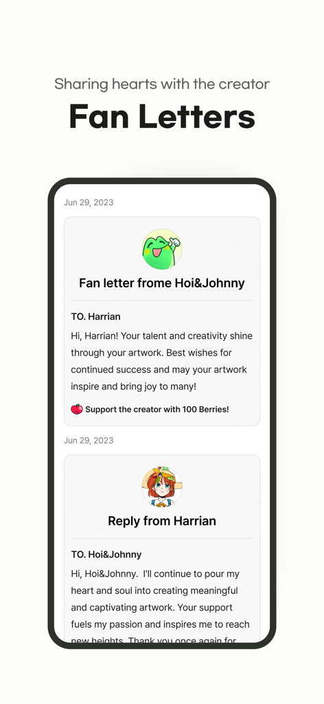 SHOULDER:Webtoon, Illust & Fan - Captura de pantalla de la aplicación SHOULDER que muestra un intercambio de cartas de fan entre un seguidor y un creador.