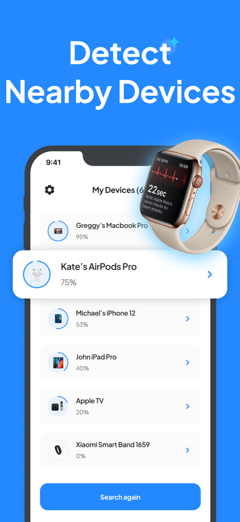 App interface showing a list of tracked Bluetooth devices and their signal strength percentages