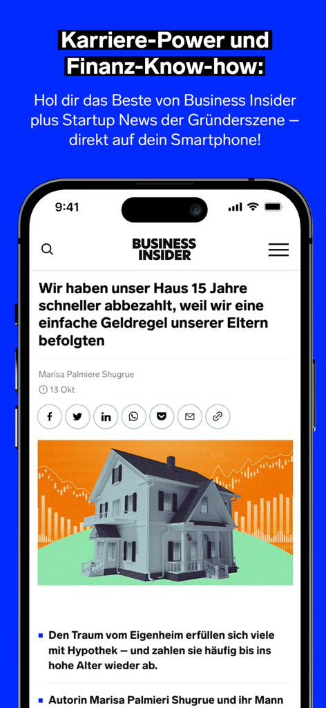 Business Insider Deutschland - Business Insider Deutschland mobile App, die einen Finanzartikel über Hypotheken auf einem Smartphone-Bildschirm zeigt