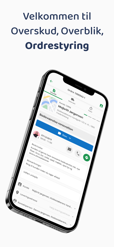 OS Worker - iPhone displaying the OS Worker app interface with details for a bathroom renovation order including customer info and project description.