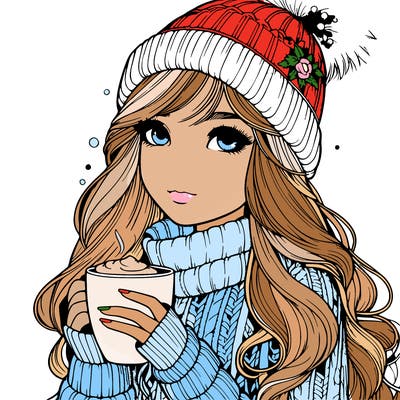 relistic girl in winter clothes holding a hot chocolate mug with long hair