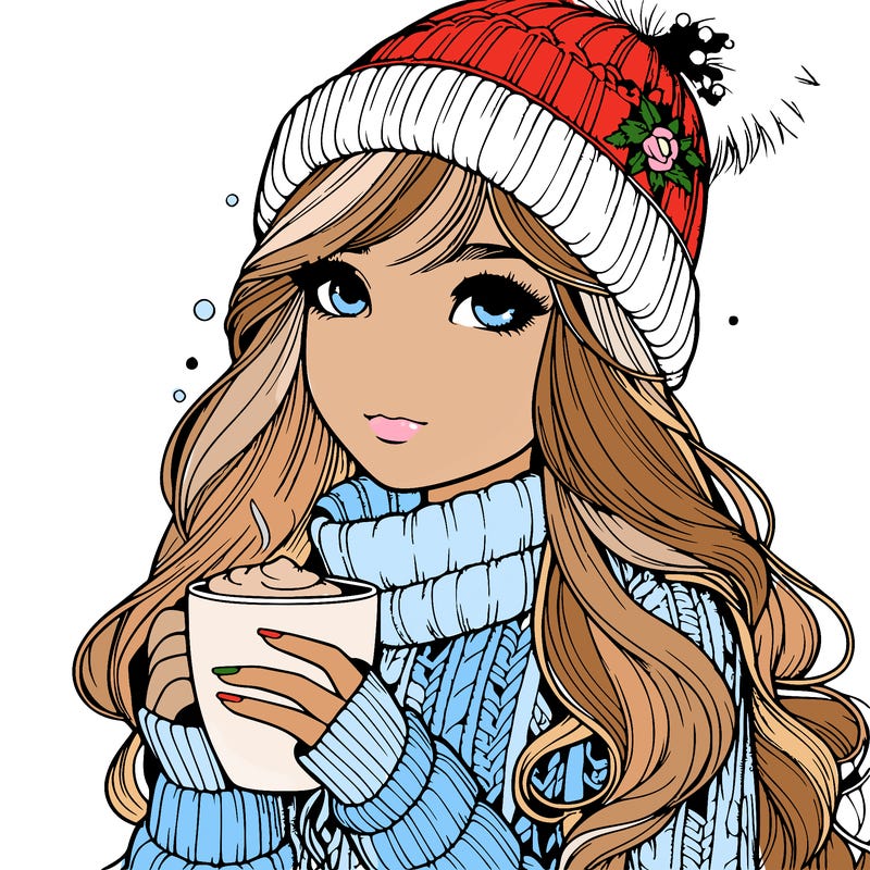 relistic girl in winter clothes holding a hot chocolate mug with long hair