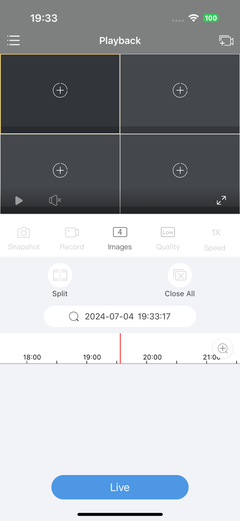 Interfaz de reproducción de Guard Viewer que muestra una cuadrícula de cuatro cámaras y una línea de tiempo de navegación de video