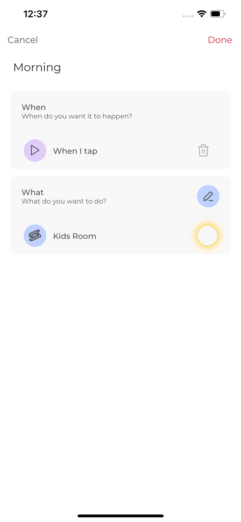 Monster Smart Lighting - A screenshot of the Monster Smart Lighting app showing the setup of a morning automation scene with a trigger and action.