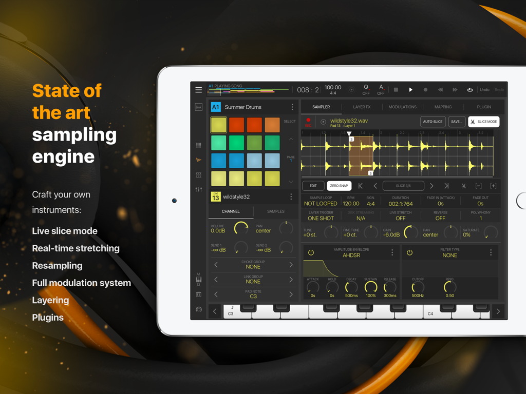 Interfaz del motor de muestreo BeatMaker 3 en un iPad mostrando edición de formas de onda y controles de audio