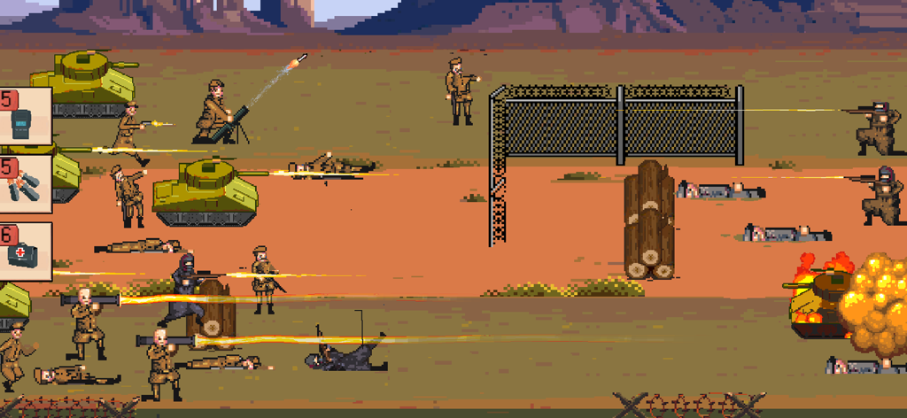 World Warfare 1944: WW2 Game - Pixel art strategy game scene showing soldiers and tanks in a World War 2 battlefield