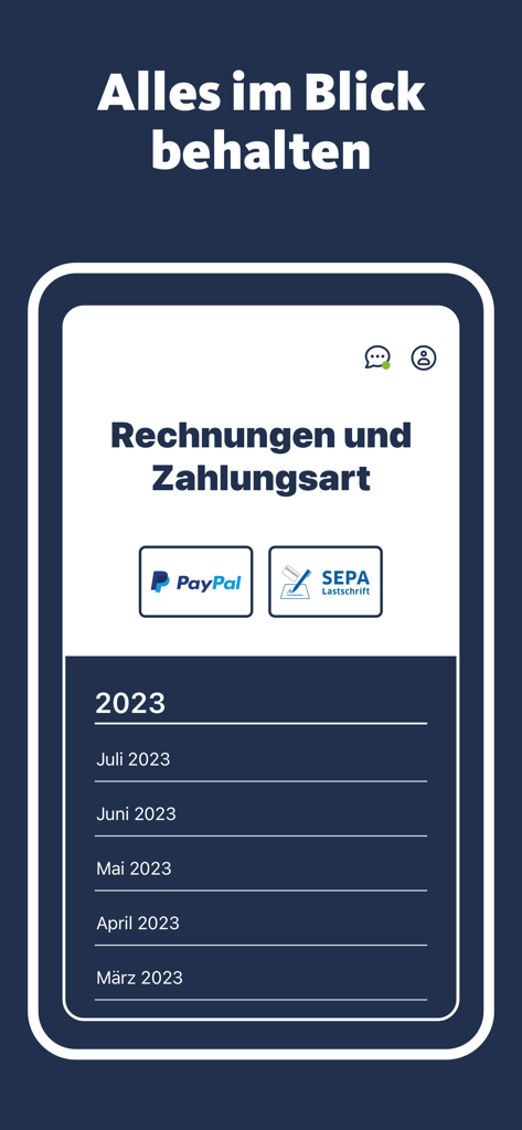 Mobile app interface showing monthly invoice history and payment options like PayPal and SEPA