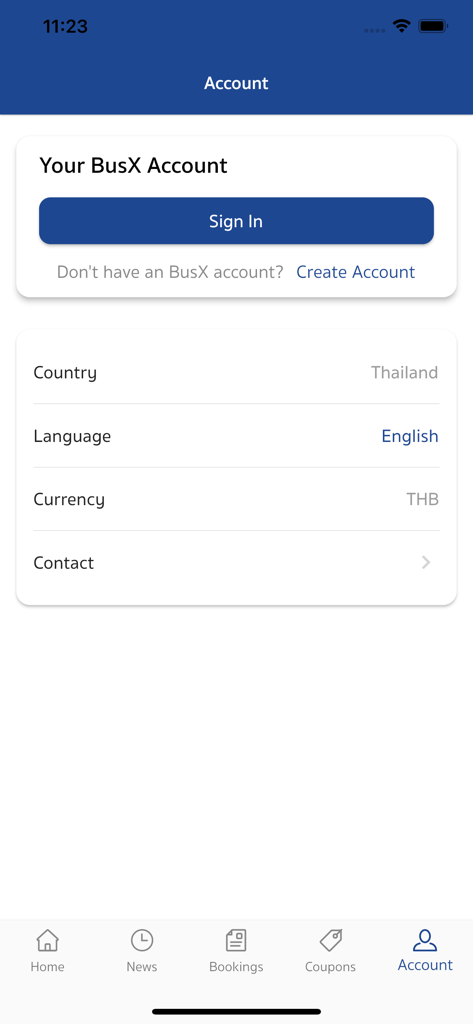 Cherdchai Tour app account screen showing sign in button and language settings