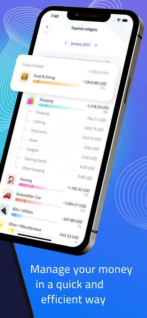 Crunch : Money Manager - Crunch Money Manager app showing categorized monthly expenses and spending breakdown