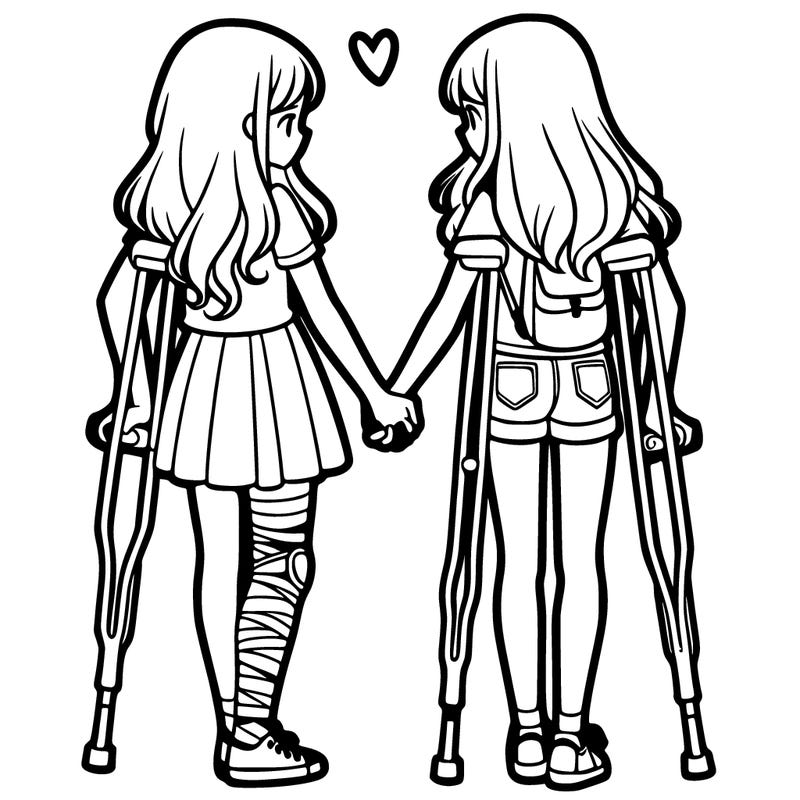 two teenage girls holding hands and one on crutches