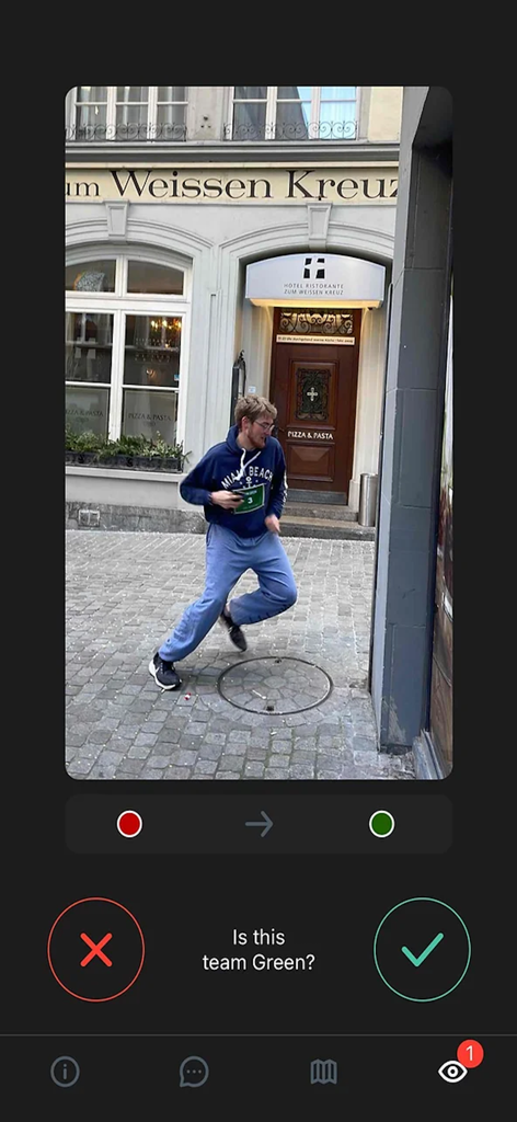Catag app interface showing a player being tagged in a real life tactical game with a prompt to confirm the team color