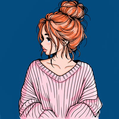 realistic girl wearing a messy bun and an oversized sweater