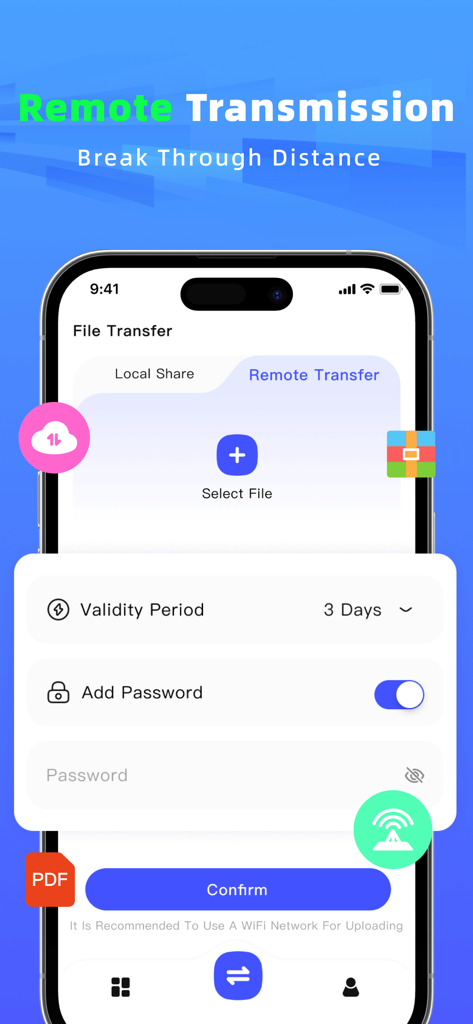 Files Transfer - Quick share - Interfaccia dell'app mobile per la condivisione di file remota con protezione tramite password e impostazioni di validità del link personalizzate