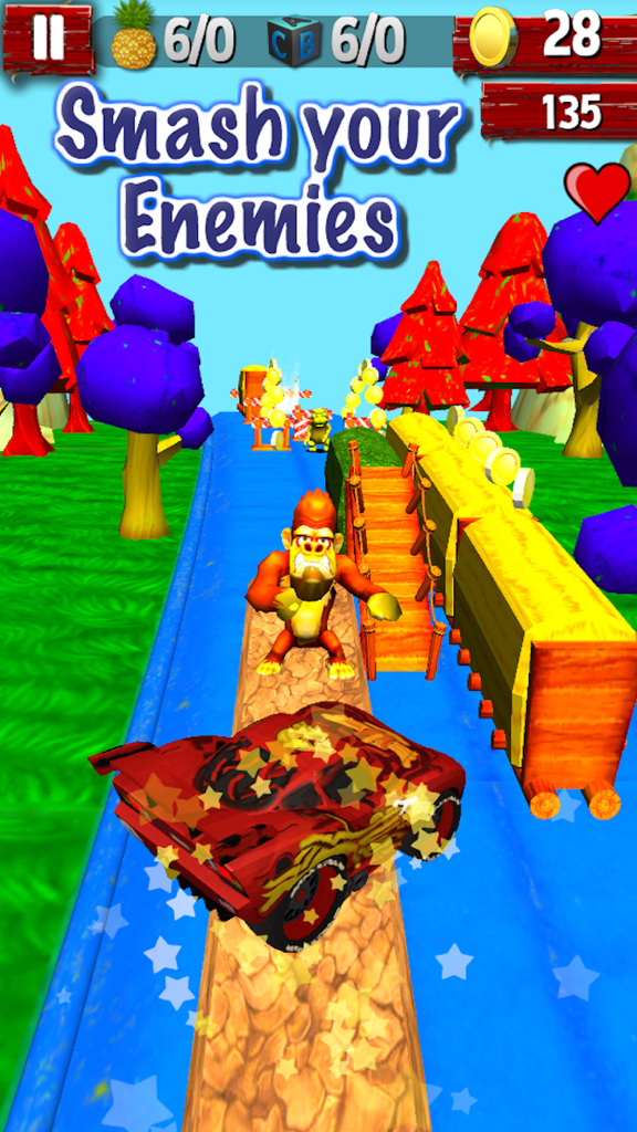 McQueen Lightning Cars - Um carro de corrida vermelho se aproximando de um inimigo gorila no jogo McQueen Lightning Cars.