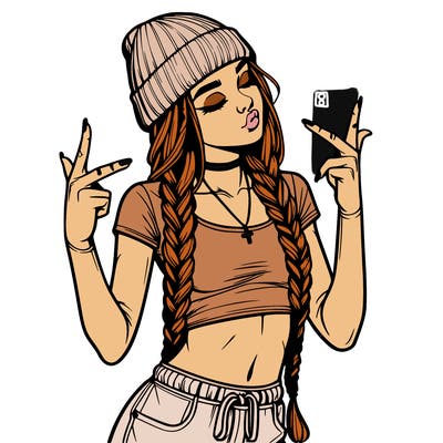 realistic teenage girl with braids and a beanie and crop top doing 🫶🏼