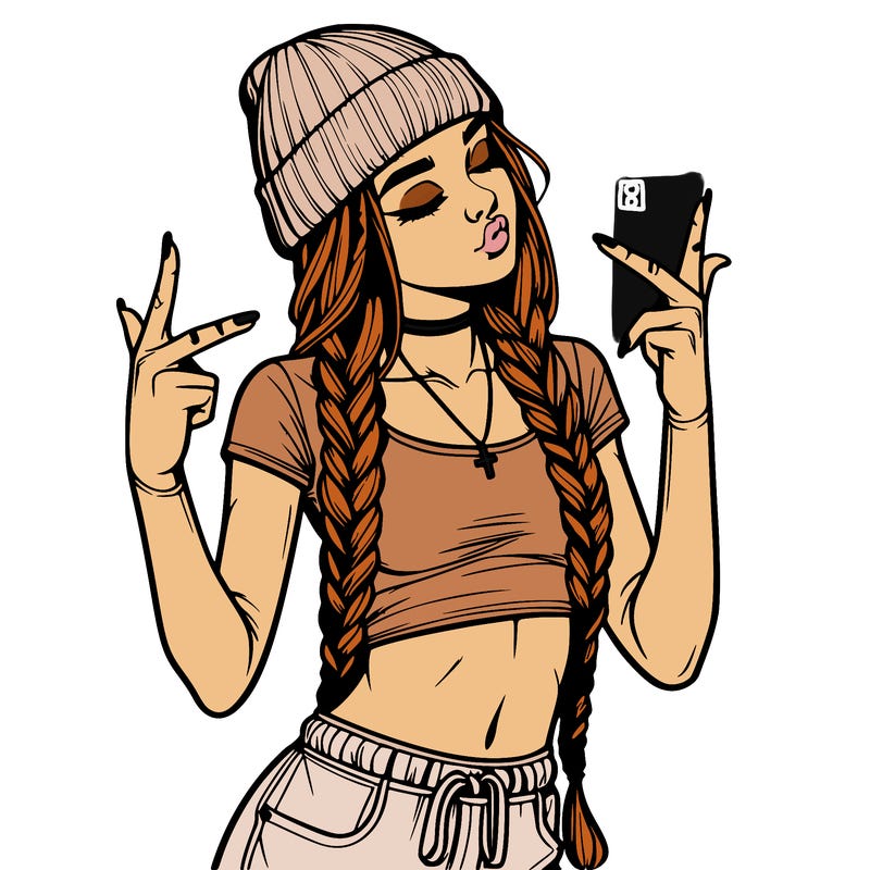 realistic teenage girl with braids and a beanie and crop top doing 🫶🏼