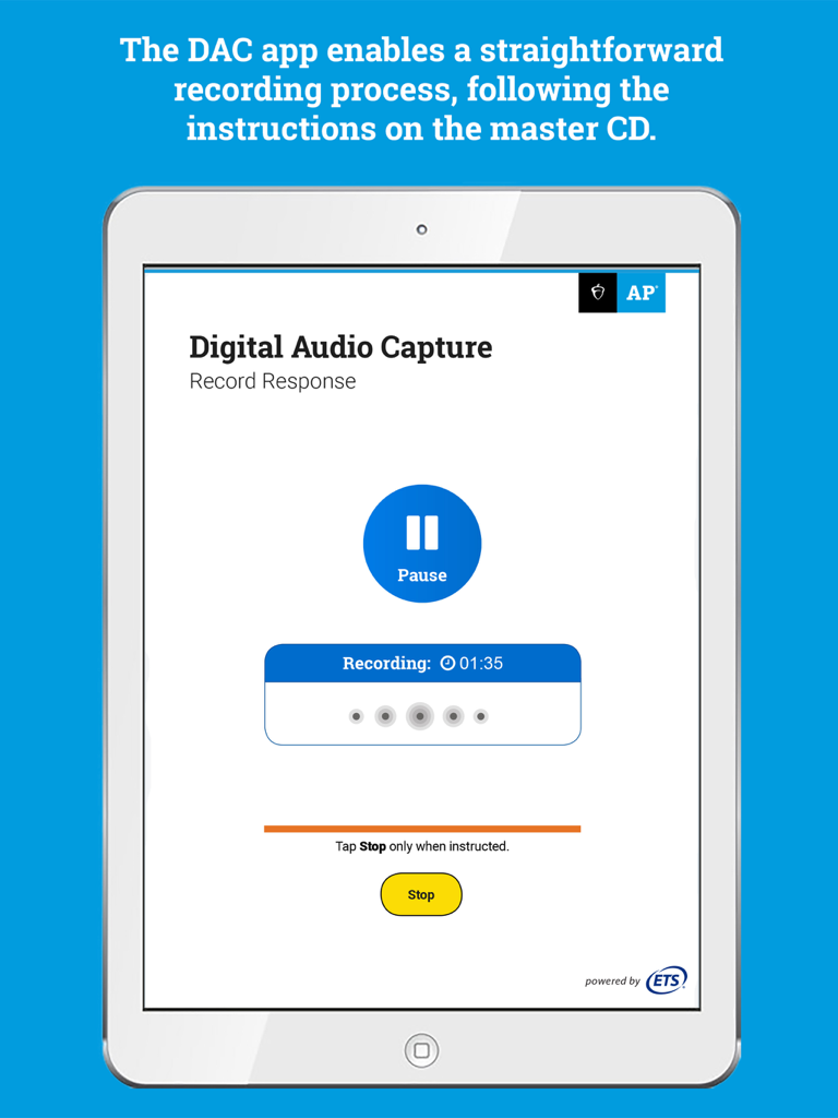 DAC App - Digital Audio Capture app interface on an iPad showing an active audio recording session with a timer and pause button