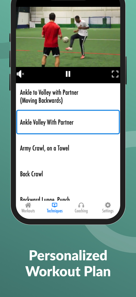 A soccer training app interface showing a video tutorial of partner drills and a list of personalized exercises like ankle volleys and crawling movements