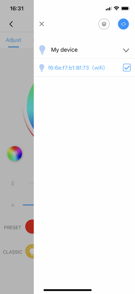 TechLife Pro - Interface of the TechLife Pro app showing a list of connected Wi-Fi smart devices for selection and control.