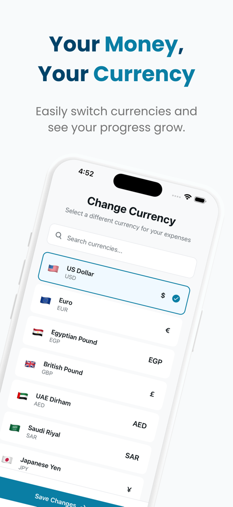 Currency selection screen in the Say hands free budget app showing various global currency options
