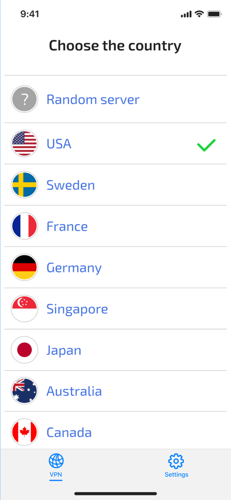 Secure VPN & Fast Proxy Master - 선택할 수 있는 전 세계 서버 위치 목록을 보여주는 안전한 VPN 앱 인터페이스