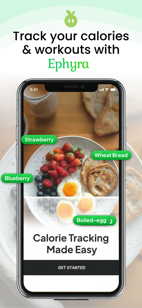Ephyra - Calorie & Workout - Application Ephyra montrant la reconnaissance d'images par IA d'un repas pour un suivi automatisé des calories