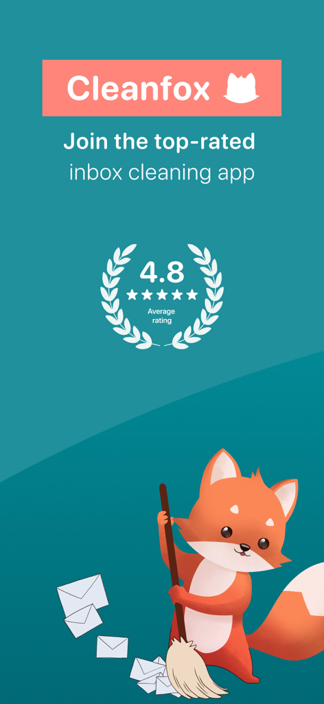 Cleanfox - Email Cleaner - Cleanfox app promotional screen showing a 4.8 average rating and a fox mascot sweeping away emails