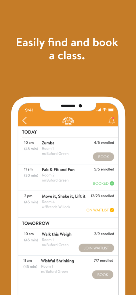 Powerhouse Gym. - Powerhouse Gym mobile app interface showing a schedule of fitness classes with options to book or join a waitlist